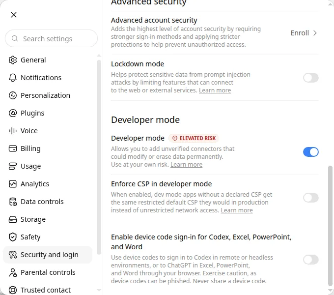 ChatGPT Settings, Security and login, with Developer mode turned on