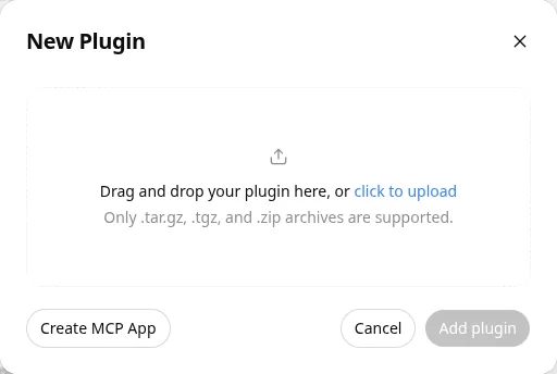 New Plugin window with the Create MCP App button