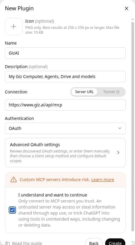 New Plugin form with the name GizAI, the Giz MCP server URL, and OAuth authentication