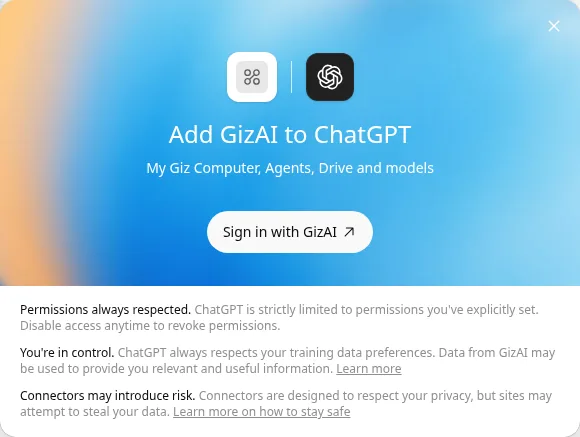 Add GizAI to ChatGPT dialog with the Sign in with GizAI button